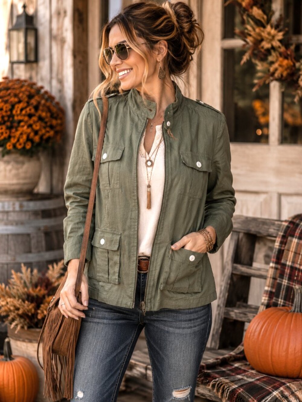 Linen Blend Full-Zip Jacket Button Tab Pockets Daisy Fuentes Olive Green Sz 10